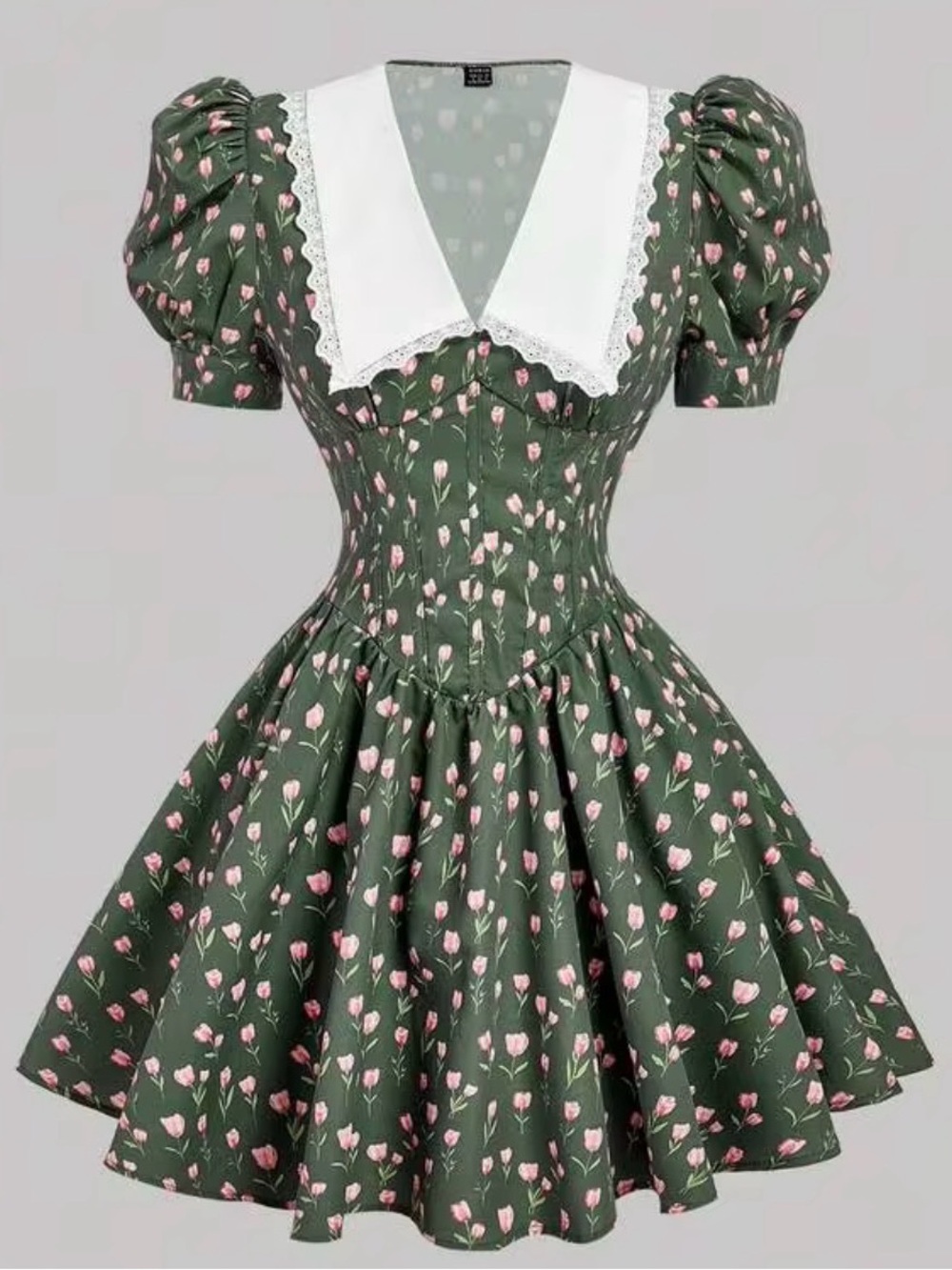 Cottagecore Academia Olive Green Floral Mini Dress Peter Pan Collar